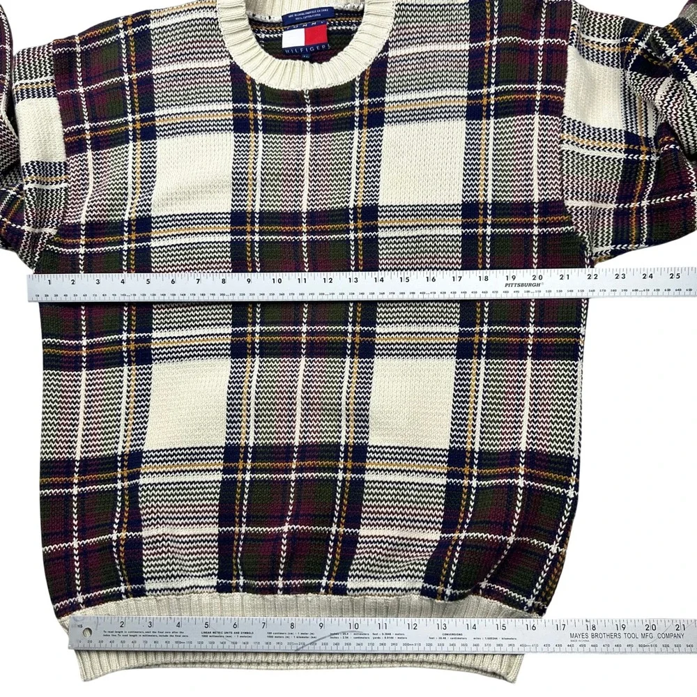 VTG Tommy Hilfiger Plaid Crew Neck Chunky Sweater Cotton Mens‎ M Burgundy Navy